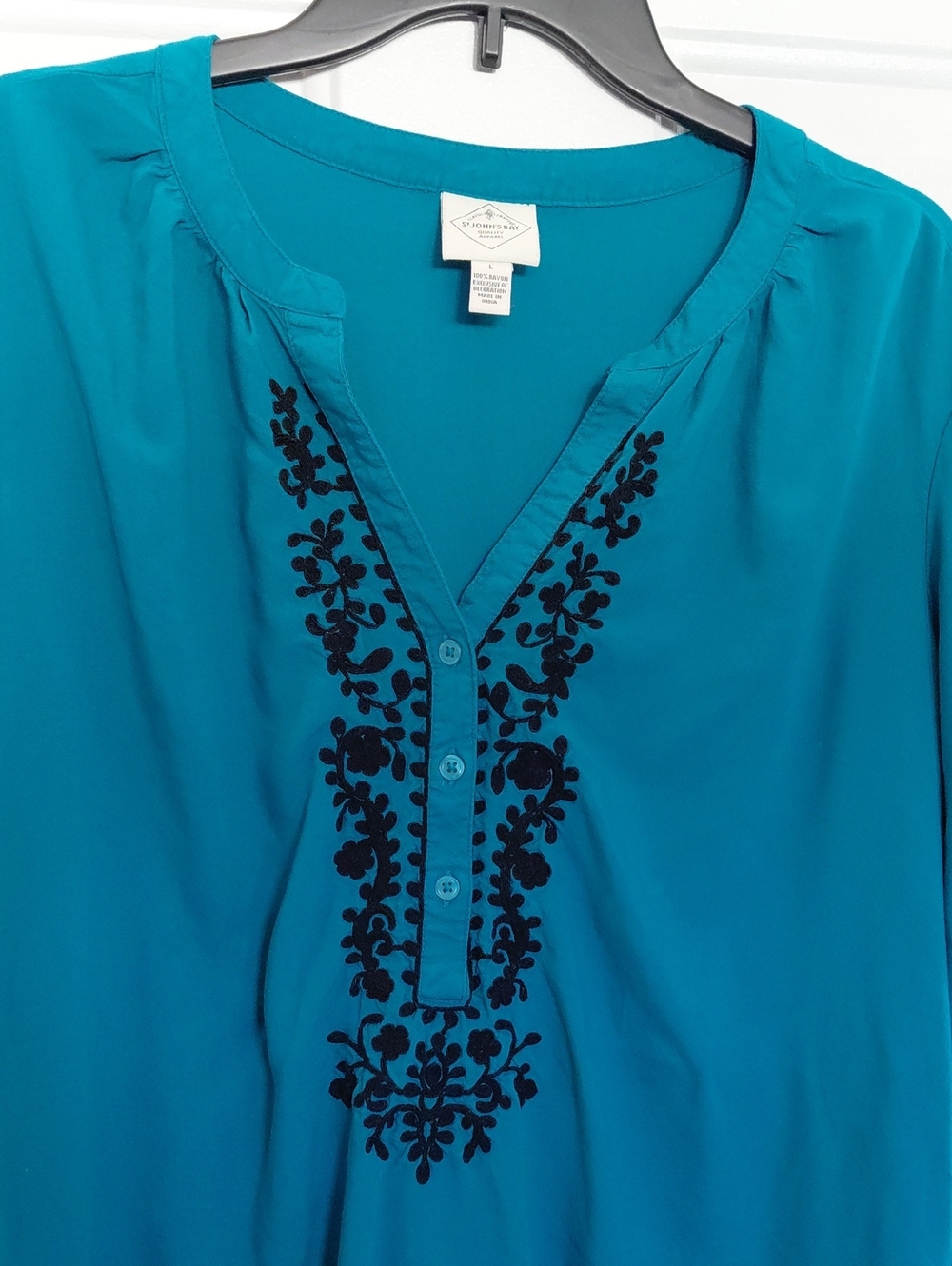 ST. JOHN'S BAY Women's Teal Blouse with Embroidered Neckline Size Large